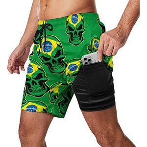 Braziliaanse vlag schedel heren zwembroek sneldrogend 2 in 1 strand sport shorts met compressie voering en zak
