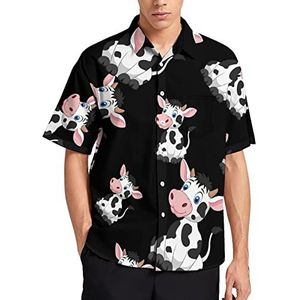 Leuke koe cartoon zittend zomer herenoverhemden casual korte mouw button down blouse strand top met zak XS