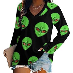 Groene ET Alien vrouwen casual T-shirts met lange mouwen V-hals bedrukte grafische blouses Tee Tops 4XL