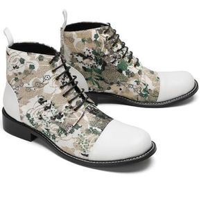 ZZveZZ Heren Herfstschoenen In Wit En Groen Met Bloemenprint, Korte Leren Veterlaarzen(Green,48 EU)