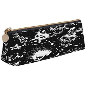 Lederen Driehoek Etui Stad Straat Rood Retro Auto Briefpapier Potlood Tas Make-up Pouch Draagbare Kantoorbenodigdheden Tas voor Tieners Meisjes Volwassenen, Witte Punk Skull, Leather Pencil Case, Schoonheid Case