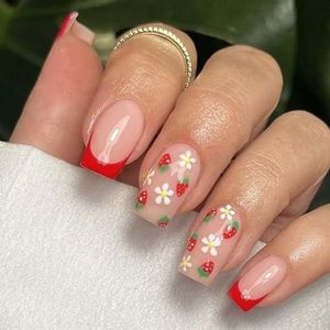 Vierkante Press-On, Franse Nep met Aardbei Ontwerp, Kunstmatige Acryl Stick-On