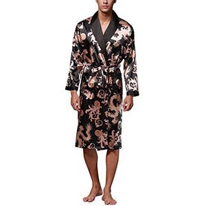 Dolamen Badjas voor heren, satijn, zijdezacht en licht, luxe kimono, ochtendjas, badjas, bruidsmeisje, huisjas, nachtkleding, pyjama + riemzakken, Zwart, L