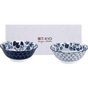 TOKYO Design Studio Flora Japonica set van 2 kommen blauw-wit, Ø 20,3 cm, 8 cm hoog, ca. 1000 ml, Aziatisch porselein, Japans bloemmotief, incl. geschenkverpakking