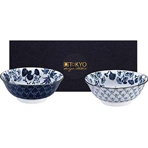 TOKYO Design Studio Flora Japonica set van 2 kommen blauw-wit, Ø 20,3 cm, 8 cm hoog, ca. 1000 ml, Aziatisch porselein, Japans bloemmotief, incl. geschenkverpakking