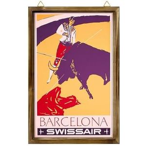 Boerderij ingelijst houten bord Barcelona Swissair Spanje Europa Vintage Luchtvaartmaatschappij Reizen Advertentie Print Muur Opknoping Houten Fotolijst Morden Home Decor 20x25cm
