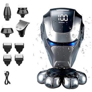 Elektrisch scheermes voor mannen, 5-in-1 hoofdscheerapparaat met neushaar, bakkebaardentrimmer, gezichtsborstel 7D roterend scheerapparaat met LED-display, duurzaam