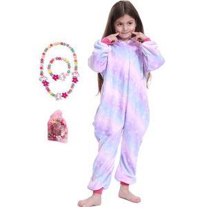 LINKE Kids Onesie voor meisjes Zachte Pluche Eenhoorn Pyjama Comfortabel Cadeau met Gratis Kleurrijke Armband & Ketting, Paarse Pegasus, 7-8 Jaren