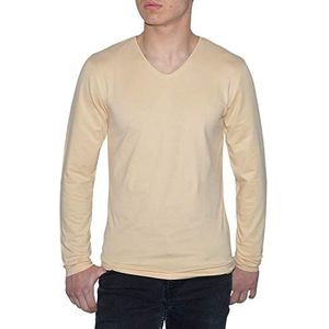 Young & Rich Heren Longsleeve 10 kleuren V-hals - Lange Mouw Shirt Effen Slim Fit - Uni Basic V-hals Shirt Stretch - Maat S tot 3XL, beige, M