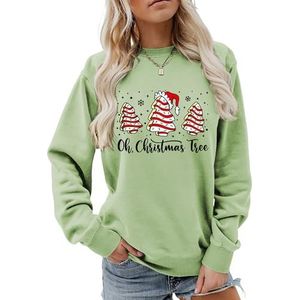 MLZHAN Oh Kerstboom Vrouwen Sweatshirt Leuke Kerstbomen Met Hoeden Sneeuw Print Merry Christmas Lange Mouw Sweatshirts, Olijfgroen, S