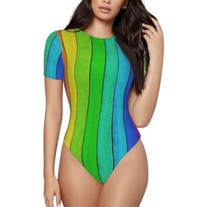 Cute Otters Onesie met korte mouwen voor dames, ademend, sneldrogend, geschikt voor feesten, dating, clubs, alledaagse kleding, Regenboog gekleurde houten achtergrond, XL