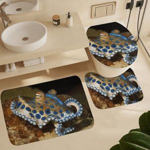 FHPCE Badkamertapijten sets 3-delige badtapijten blauwe ring octopus badkamermat antislip badtapijten voor badkamer toiletmat pluche badmat absorberend douchetapijt voor slaapkamer keuken