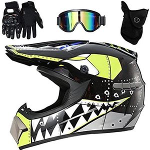 HUSHUI Motocross helm, full face motorhelm, off-road elektrische crossmotor motorfiets/mountainbike helm met bril, handschoenen, gezichtsmasker voor volwassenen