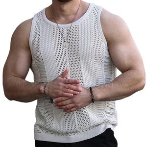 GKEIOSHQIL Heren Hollow Out Gebreide Tanktop Mouwloos Ronde Hals Spier Zomer Strand Hippie T-Shirts,Wit,3XL