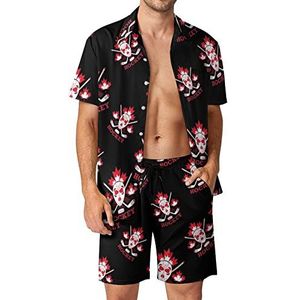 Canada Hockey Label Hawaiiaanse bijpassende set voor heren, 2-delige outfits, button-down shirts en shorts voor strandvakantie