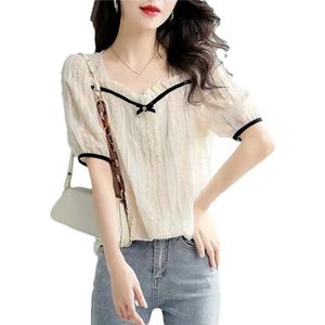 Dvbfufv Vrouwen Mode Koreaanse Vierkante Kraag Boog Kant Shirt Vrouwelijke Zomer All-Match Korte Mouwen Blouses Tops, Beige, S