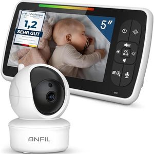 ANFIL® Babyfoon met Camera 5 Inch Tweeweg Audio, Nachtzicht - Baby Bewakingssysteem met VOX-modus - 30 Uur Batterij, Temperatuur, Nachtzicht - 355° Pan en 120° Kantelzoom