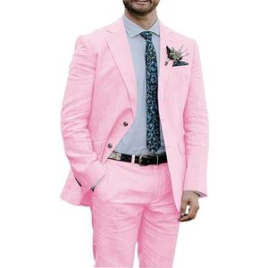 Leader of The Beauty 2 Stuks Linnen Pakken voor Mannen Slim Fit Pak Natched Label Smoking Pak Bruiloft Casual Wear, roze, 52