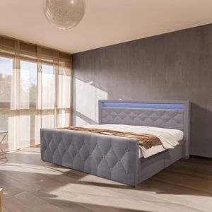 Home Deluxe - Gestoffeerd bed VELARA - 140 x 200 cm, kleur: donkergrijs, incl. H3/H4 matras, gevoerd hoofdeinde met LED-verlichting, incl. 4 laden I tweepersoonsbed comfort bed