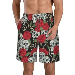 ZJYAGZX Skull and Red Rose Print Strandshorts voor heren, lichtgewicht, sneldrogend trekkoord zwembroek met zakken, Wit, XL