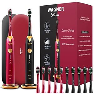 Wagner & Stern. Duette-serie. 2 elektrische tandenborstels met druksensor, 5 poetsmodi en 4 intensiteitsniveaus, 10 zachte opzetborstels, 2 premium reiskoffers. (Bourgondië/zwart)