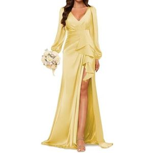 Prinses Bruidsmeisje Jurken Lange Mouw Galajurken V-hals Satijn Formele Avondfeest Maxi Jurk ZM198, Geel, 32