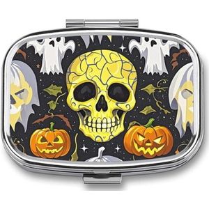Pillendoos Draagbare Gele Schedel Pil Organizer Reizen Pil Case voor Pocket Of Portemonnee Geneeskunde Pil Container met Spiegel 2 Compartimenten Dagelijkse Geneeskunde Organizer