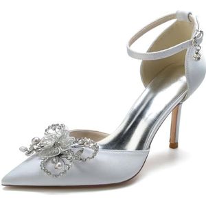 EICOFF Dames Stiletto Hakken Pareldress Pumps Schoenen Bruiloftsschoenen voor Vrouwen Gesp Op Stiletto Hakken Pumps met Kant Bloem,Zilver,35 EU