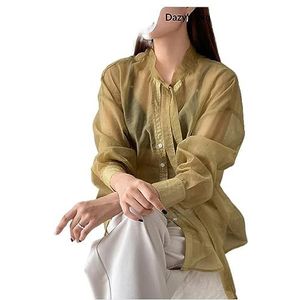 dames topjes Effen doorschijnend overhemd met knoopsluiting aan de voorkant zonder beha (Color : Mustard Yellow, Size : Small)