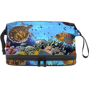 Grote capaciteit reizen cosmetische tas,Vissen zeeschildpad onderwater, make-up tas, waterdichte make-up tas organisator, Meerkleurig, 27x15x14 cm/10.6x5.9x5.5 in