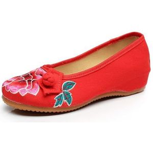 Vrouwen Nationale Stijl Pioenroos Bloem Geborduurde Schoenen Chinese Stijl Oud Peking Stoffen Schoenen Casual Lichtgewicht Comfort Slip-On Lage Hak Schoenen(Red,41 EU)