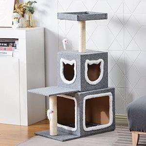 Kattenboom 106 cm kattentoren activiteitencentrum met sisal-krabpalen, appartement, bungelend speelgoed, kijkplatform, grote kattenboom kattenklimtoren voor binnenkatten