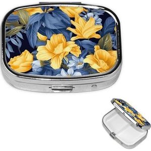 Vierkante Pillenetui voor Portemonnee of Pocket 2 Compartiment Geneeskunde Pillendoos Draagbare Kleine Pil Organizer Blauwe Basis Geel Bloemen Reizen Pillendoos Geneeskunde Vitamine Kabeljauw