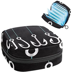 Periode Pouch, draagbare tampon opbergtas voor maandverband, zwart-wit vis haak patroon, Meerkleurig, 4.7x6.6x6.6 in/12x17x17 cm