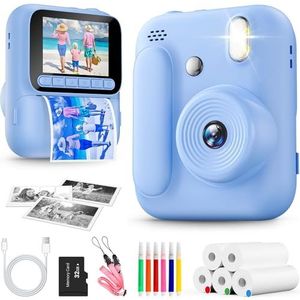 Instant Print Camera voor kinderen, 1080P Instant Camera met 5 rollen printpapier, 32GB kaart en gekleurde pennen, draagbare digitale camera voor jongens en meisjes van 3-14 jaar-Blauw