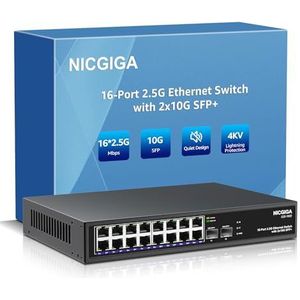 16-Port 2,5 G ➕ 2-Port 10 G SFP+ Ethernet-Switch, NICGIGA 18-Port 2,5 Gbit Netzwerk-Switch unverwaltet, Plug & Play, Desktop- oder 19-Zoll-Rack-Montage, lüfterloses Metalldesign.