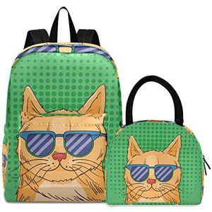 Groene pop-kat boekentas, lunchpakket, schoudertas, rugzak, boekentas, kinderrugzak, geïsoleerde lunchbox-tas voor meisjes en jongens, Patroon., Medium