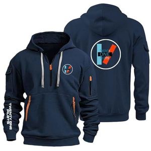 AHYAOFA Comfortabel sweatshirt met capuchon voor heren, 21 P.i.Lot.s, sportsweatshirt, lange mouwen, capuchon, halve ritssluiting, Marineblauw-1, 38-40 Alto