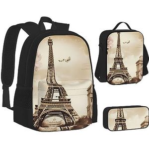 BONDIJ Xmas Grappige kabouters rugzakken voor school met lunchbox etui, waterbestendige tas voor jongens meisjes leraar geschenken, Vintage Parijs Eiffeltoren, Eén maat