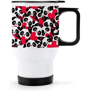 Naadloze Panda Heart Travel Koffiemok met Handvat & Deksel Rvs Auto Cup Dubbelwandige Koffiemokken