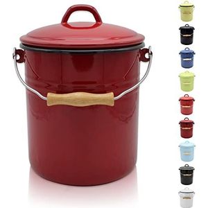 KRÜGER Vuilnisemmer met deksel, stalen afvalemmer met emaille coating en houten handvat, snij- en krasbestendig oppervlak, duurzaam en veelzijdig inzetbaar (5 liter, rood)