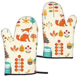 Herfstpatroon met uil vos eekhoorn vogels dieren print, ovenwanten anti-slip kookhandschoenen, hittebestendige bakwanten per paar