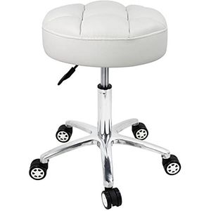 WKWKER Deluxe Ronde in hoogte verstelbare rolkruk, zeer elastisch, super soft foam zitting met aluminiumlegering, basis voor kantoor, tattoo, spa, gezichtsmassage kruk (wit)