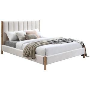 Vente-unique - Bed 140 x 190 cm met hoofdbord met verticale stiksels - Velours - Ivoorwit - SIZAMA