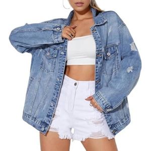 LoprNsdgt Dames Casual Gewassen Oversized Boyfriend Spijkerjassen Met Knopen, Distressed Trendy Herfst,Blauw,L