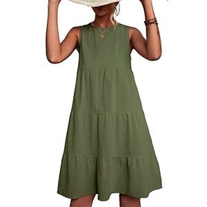 Mouwloze Jurk met Losse Zoom Zachte Effen Kleur Ronde Hals Kous Jurk (S)