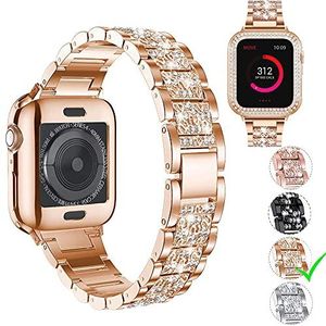 Dupsonf Compatibel met Apple Watch Band 38/40/41mm 42/44/45mm Roestvrij Staal Vrouwen Diamond Rhinestone Strap, voor iWatch SE Serie 7/6/5/4/3 met Protector case, Roségoud, 41mm, Verstelbaar