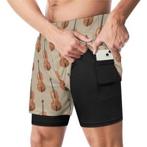 Realistische Houten Viool Grappige Zwembroek met Compressie Liner & Pocket Voor Mannen Board Zwemmen Sport Shorts