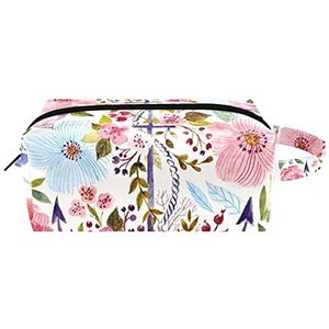 Paars anker met bloemen esthetisch patroon lederen cosmetische tas met handvat, waterdichte vierkante toilettas reistas, kleine etui voor dames heren meisjes kinderen, Multi kleuren 01, 8.2x3.1x3.5 in/21x8x9 cm,