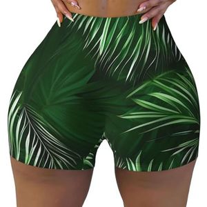 JJPUNGK Groene Bladeren Van Palmboom Tropische Planten Print Elastische Workout Korte Gym Shorts Vrouwen Comfortabele Zomer Dragen Atletische Hoge Taille, Zwart, S